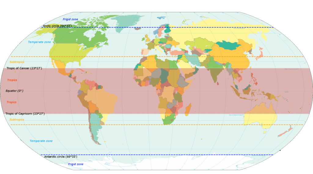 World map indicating tropics subtropics and temperate zones